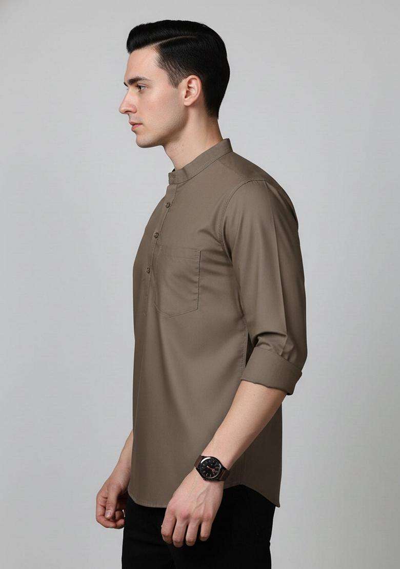 Brown Solid Cotton Kurta For Men - Indya