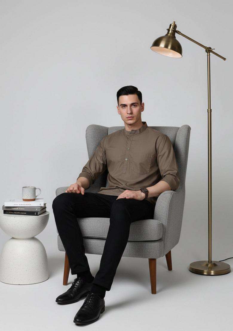 Brown Solid Cotton Kurta For Men - Indya