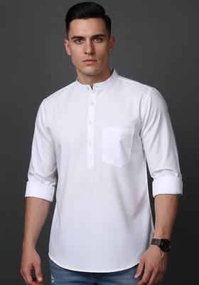 White Solid Cotton Kurta For Men