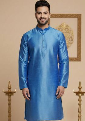Blue Solid Silk Kurta Pyjama Set For Men