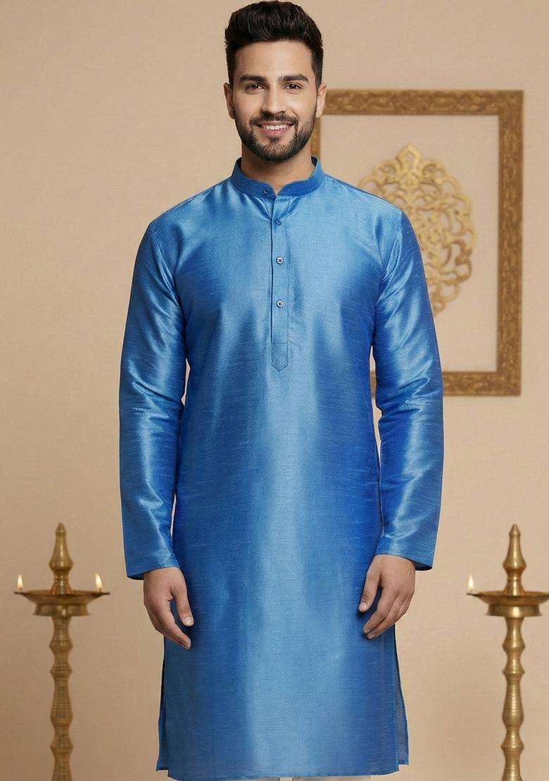 Blue Solid Silk Blend Kurta Pyjama Set For Men - Indya
