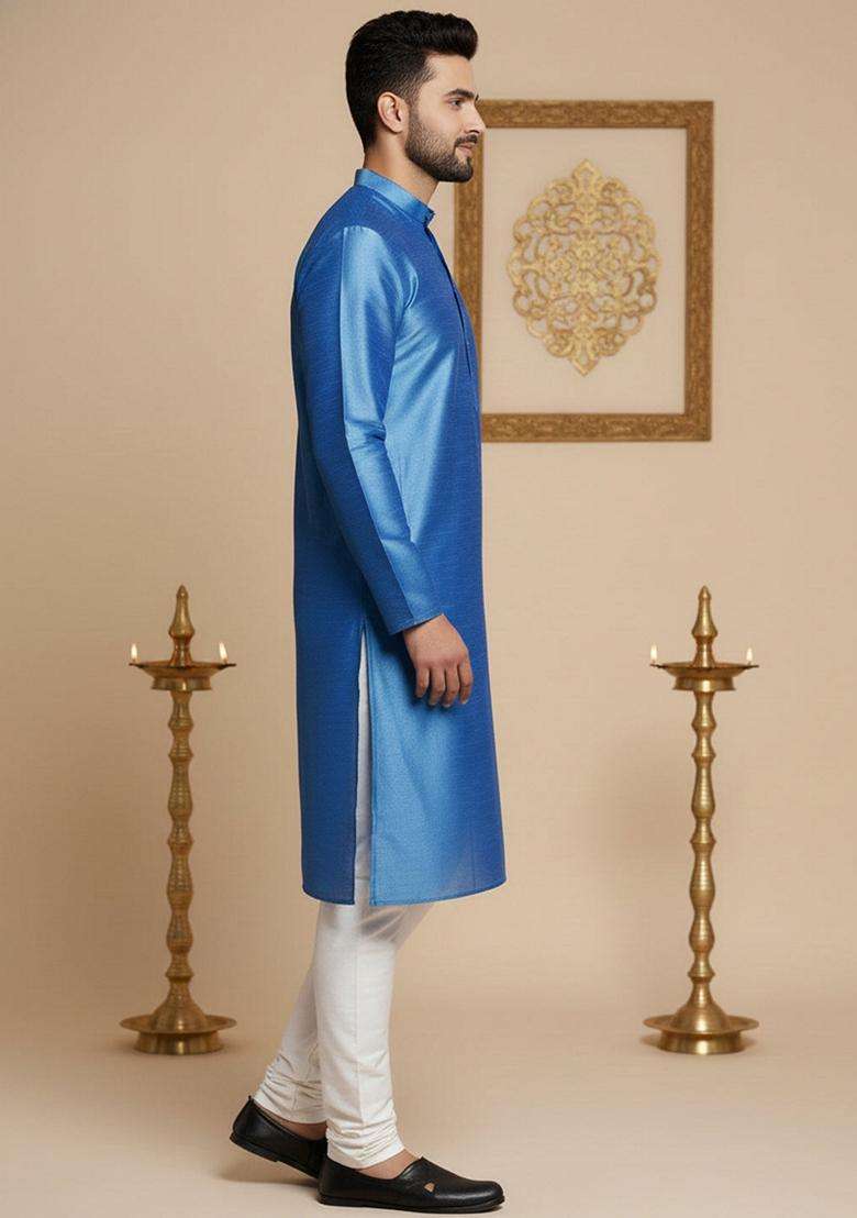 Blue Solid Silk Blend Kurta Pyjama Set For Men - Indya