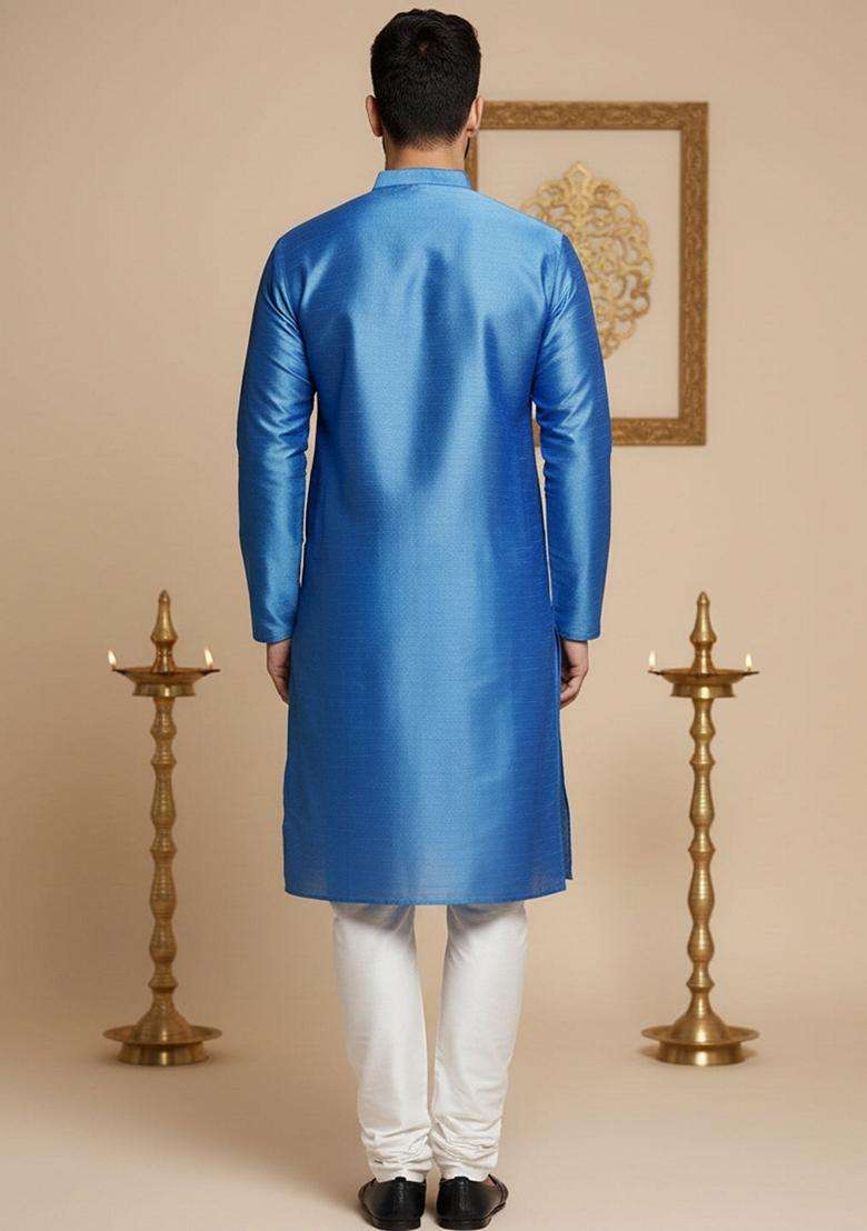 Blue Solid Silk Blend Kurta Pyjama Set For Men - Indya