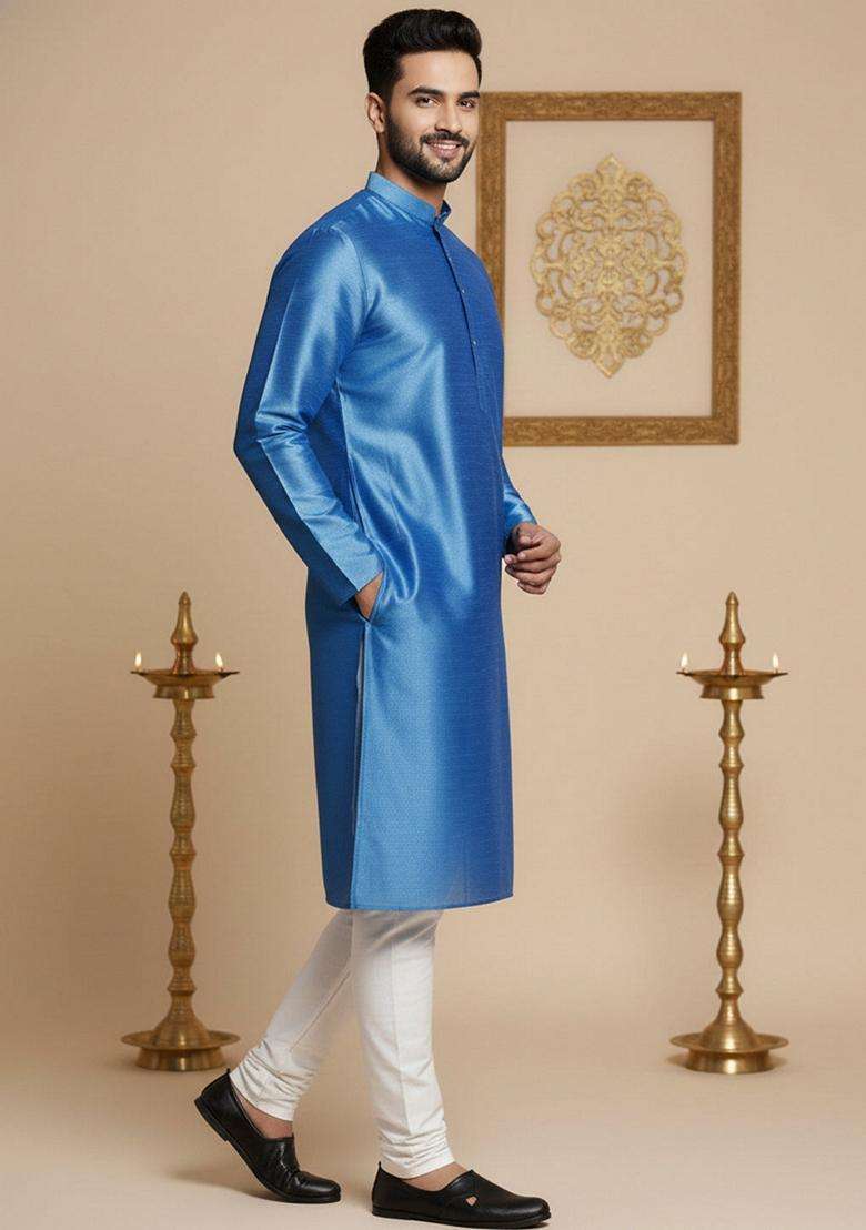 Blue Solid Silk Blend Kurta Pyjama Set For Men - Indya