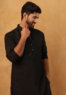 Black Floral Print Cotton Kurta For Men