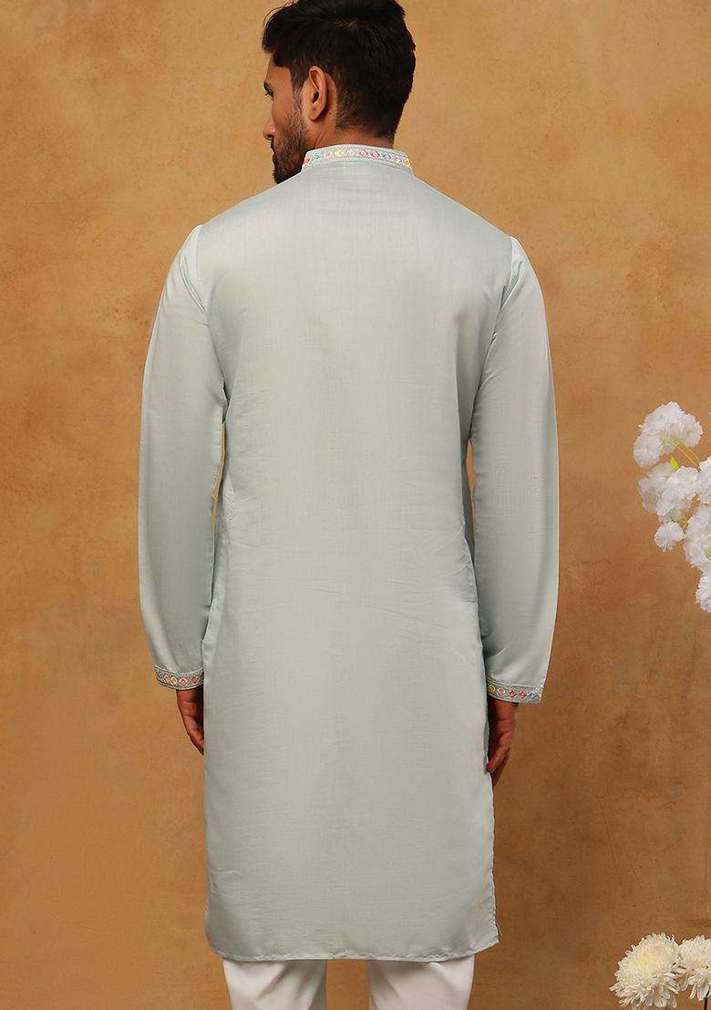 Blue Floral Print Cotton Kurta For Men - Indya