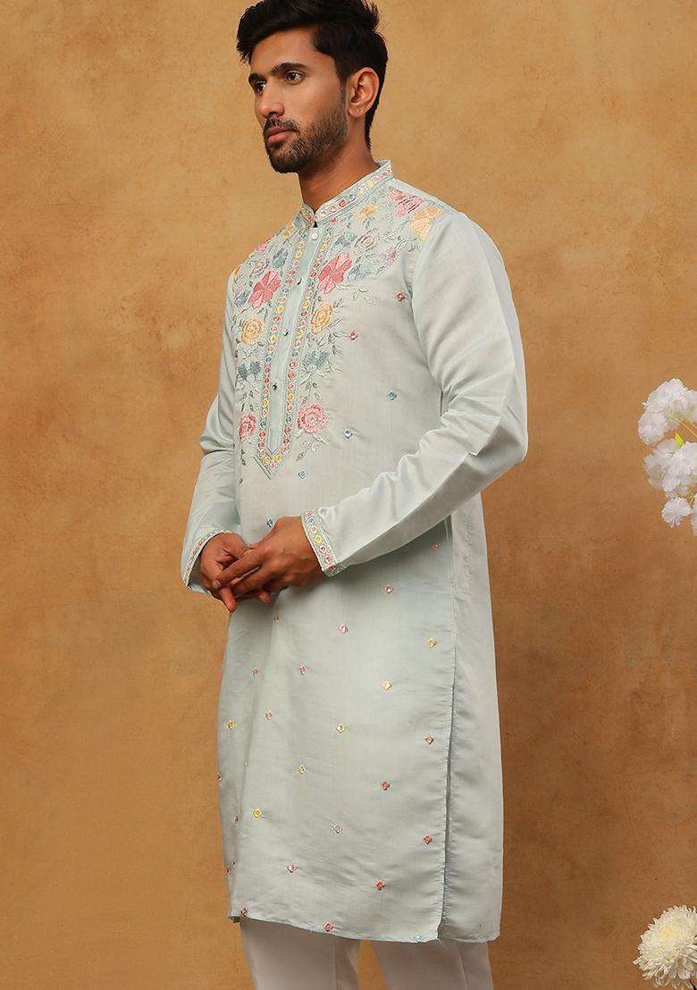 Blue Floral Print Cotton Kurta For Men - Indya