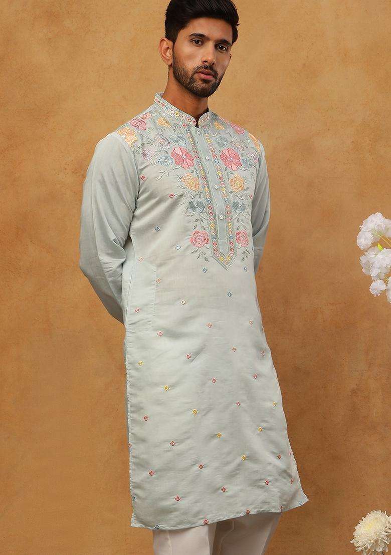 Blue Floral Print Cotton Kurta For Men - Indya