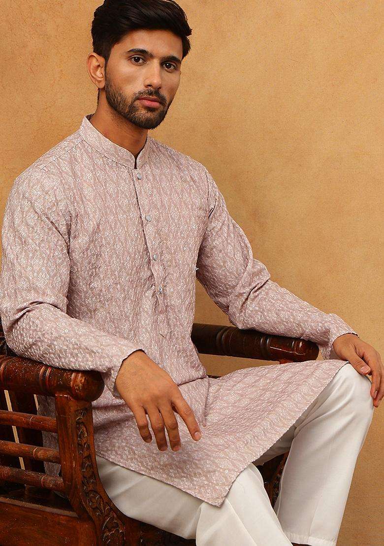 Beige Floral Print Cotton Kurta For Men - Indya