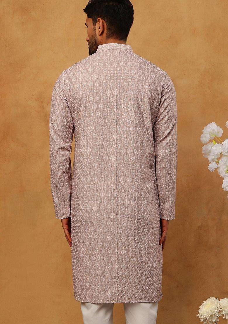 Beige Floral Print Cotton Kurta For Men - Indya