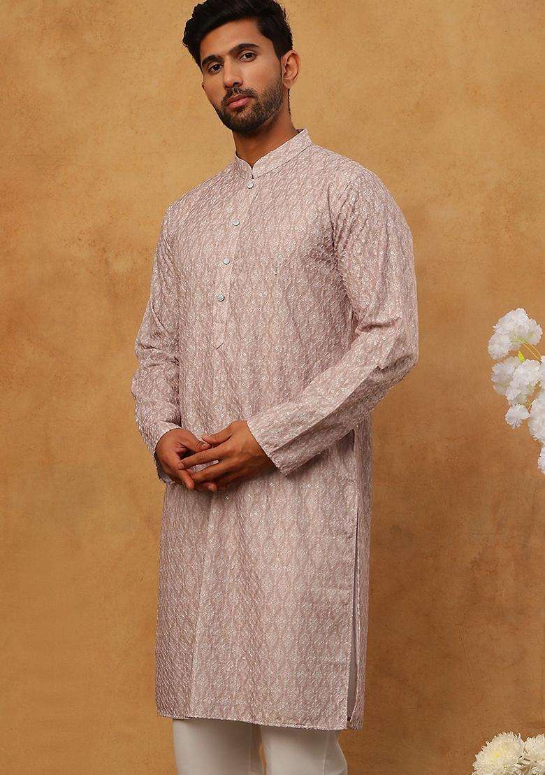 Beige Floral Print Cotton Kurta For Men - Indya