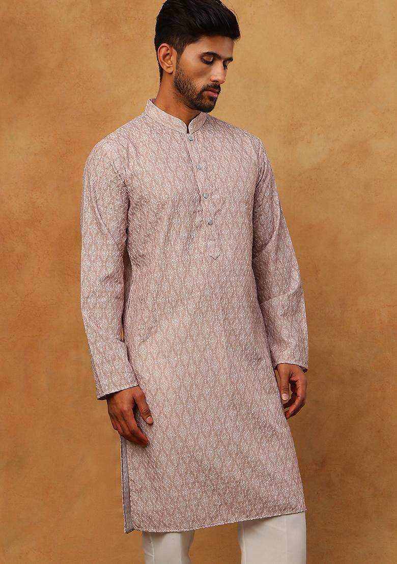 Beige Floral Print Cotton Kurta For Men - Indya