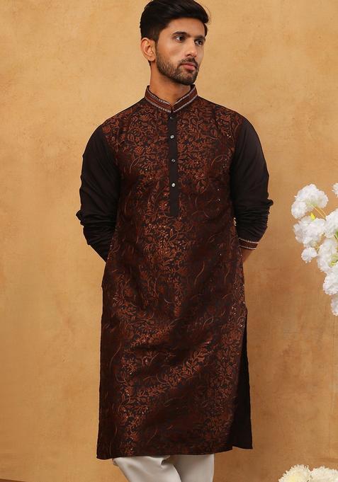Coffee Floral Print Cotton Kurta For Men