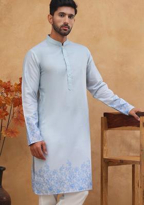 Blue Floral Print Cotton Kurta For Men