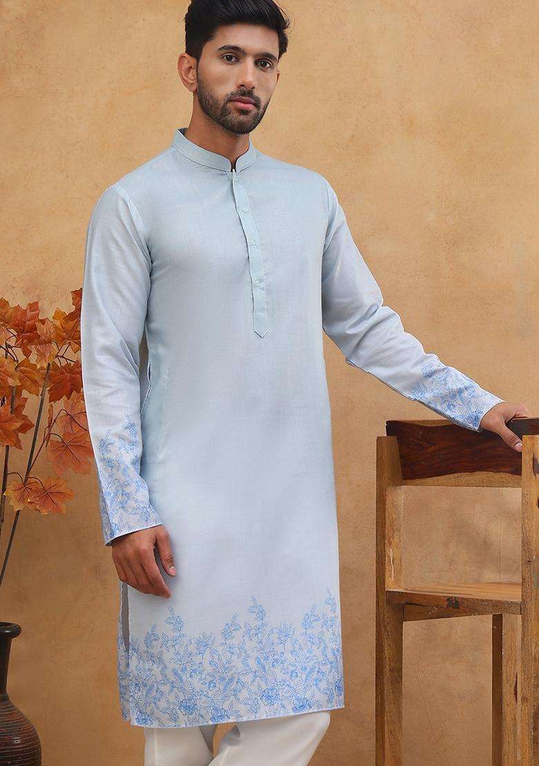Blue Floral Print Cotton Kurta For Men - Indya