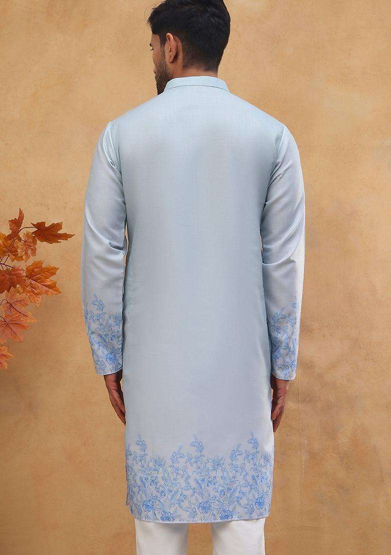 Blue Floral Print Cotton Kurta For Men - Indya