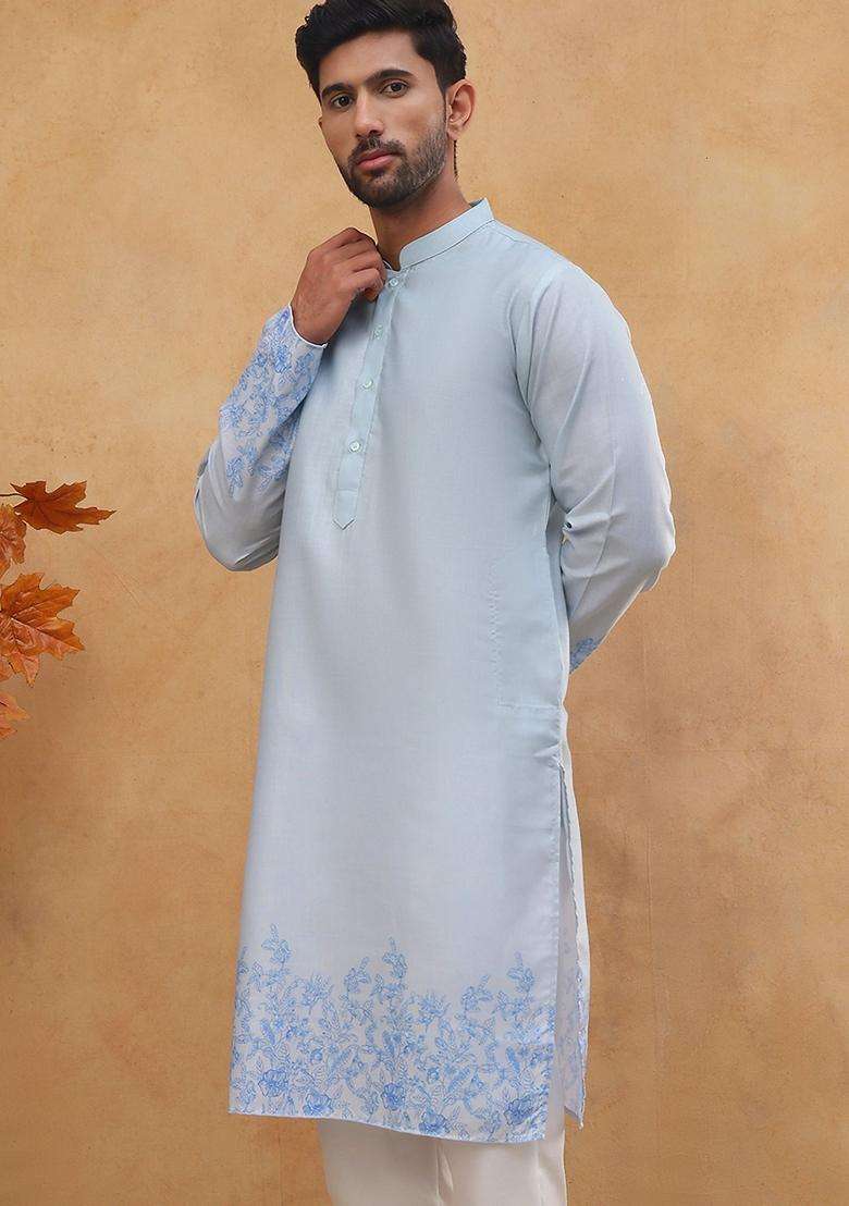 Blue Floral Print Cotton Kurta For Men - Indya