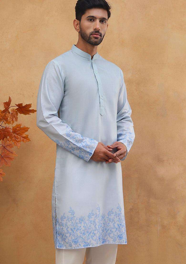 Blue Floral Print Cotton Kurta For Men - Indya