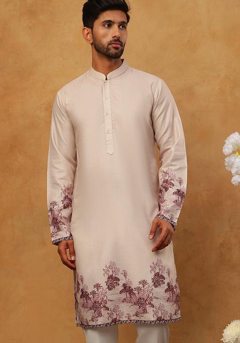 Peach Floral Print Cotton Kurta For Men
