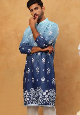 Blue Floral Print Cotton Kurta For Men