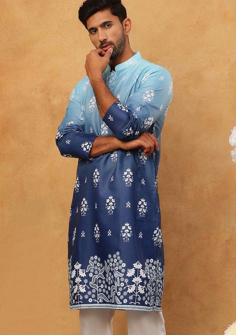 Blue Floral Print Cotton Kurta For Men - Indya
