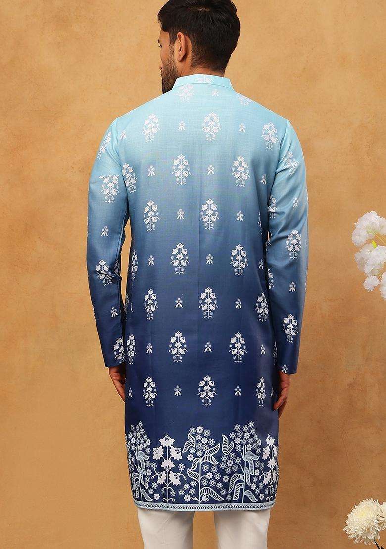 Blue Floral Print Cotton Kurta For Men - Indya