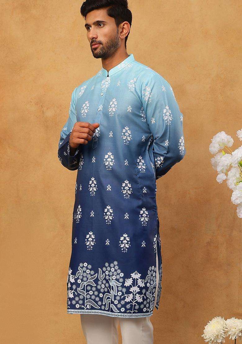 Blue Floral Print Cotton Kurta For Men - Indya