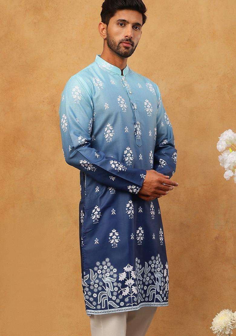 Blue Floral Print Cotton Kurta For Men - Indya