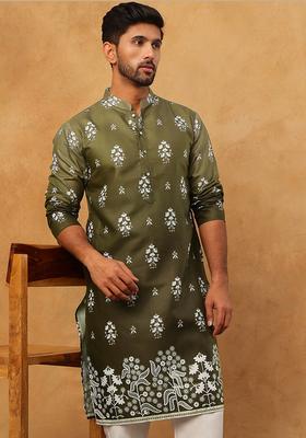 Olive Floral Print Cotton Kurta For Men