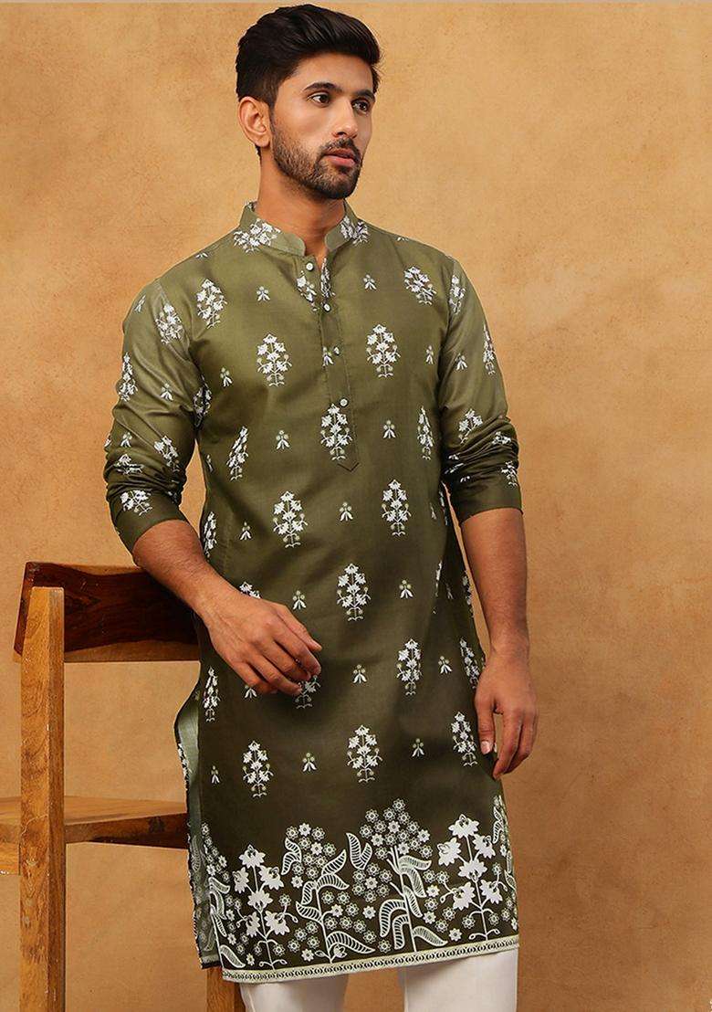 Olive Floral Print Cotton Kurta For Men - Indya
