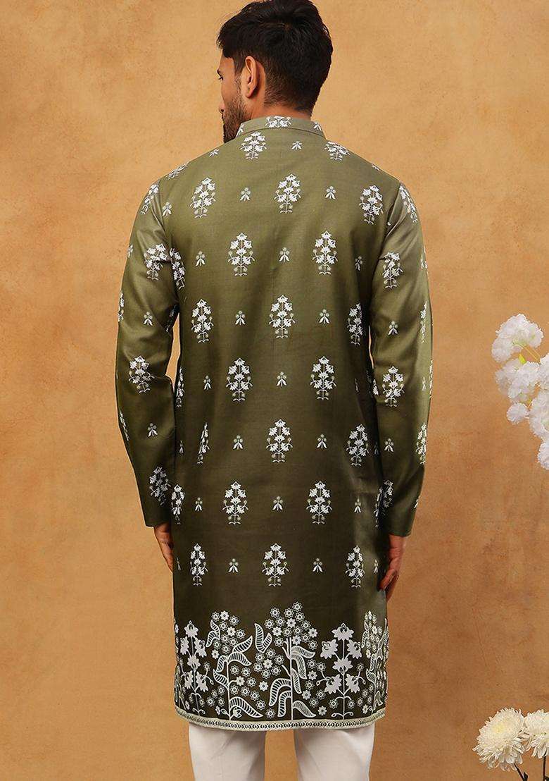 Olive Floral Print Cotton Kurta For Men - Indya