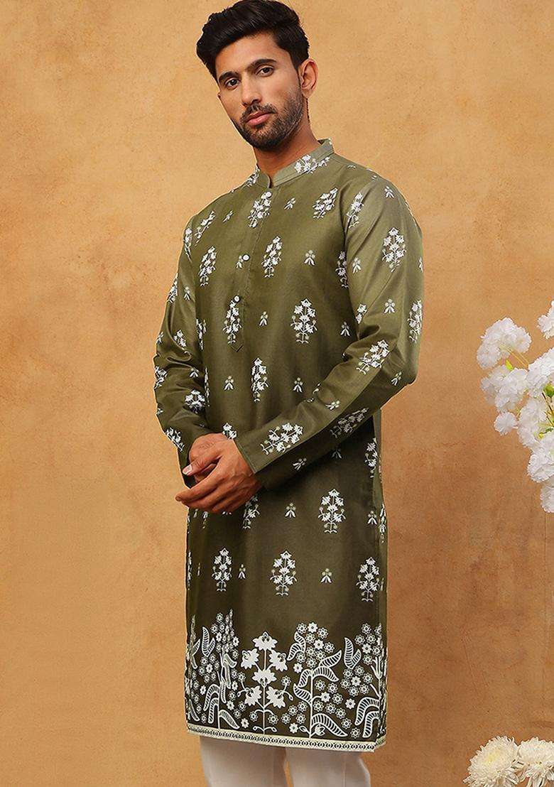 Olive Floral Print Cotton Kurta For Men - Indya