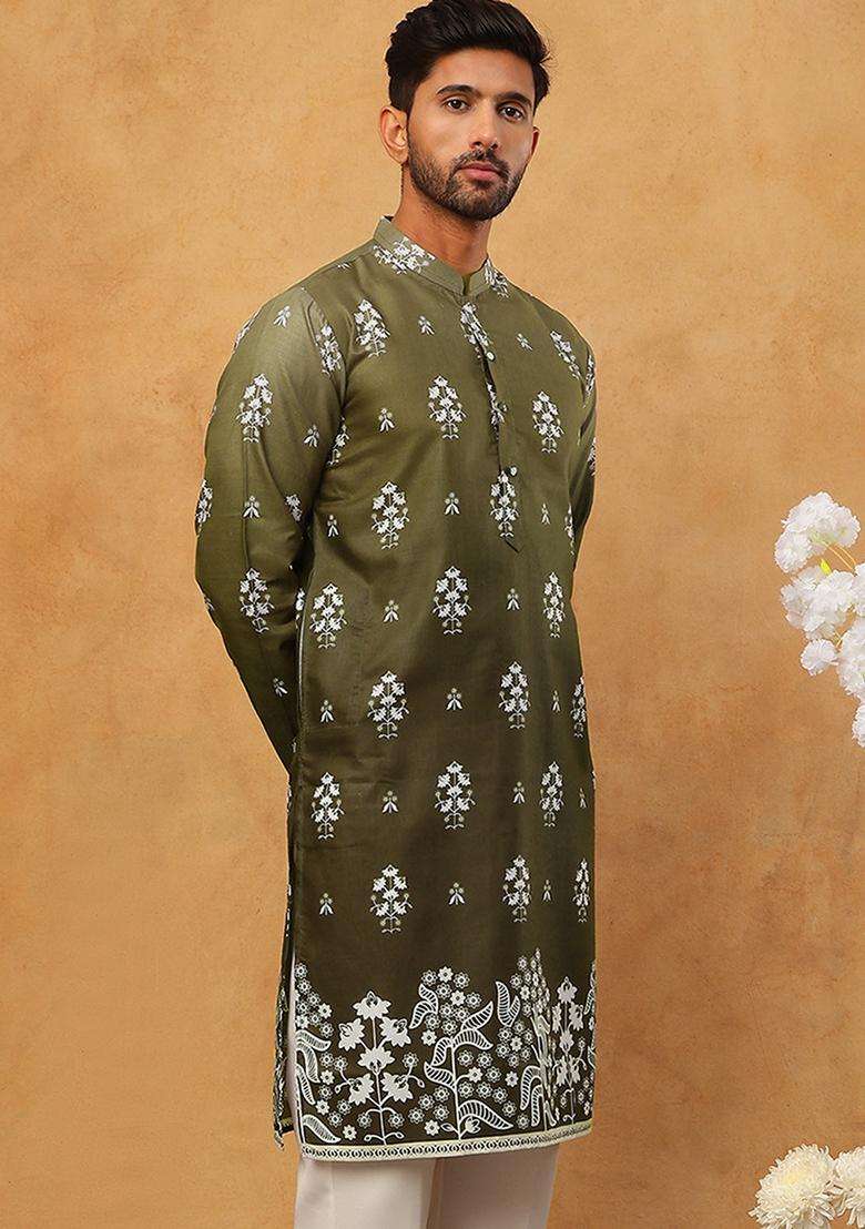 Olive Floral Print Cotton Kurta For Men - Indya