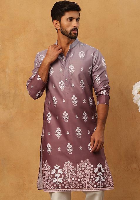Brown Floral Print Cotton Kurta For Men