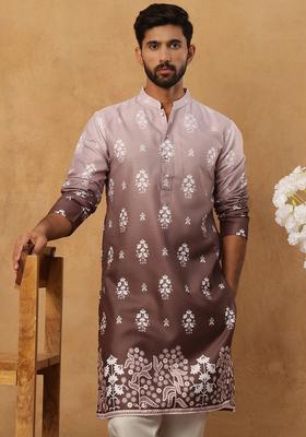 Grey Floral Print Cotton Kurta For Men