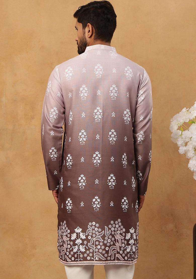 Grey Floral Print Cotton Kurta For Men - Indya