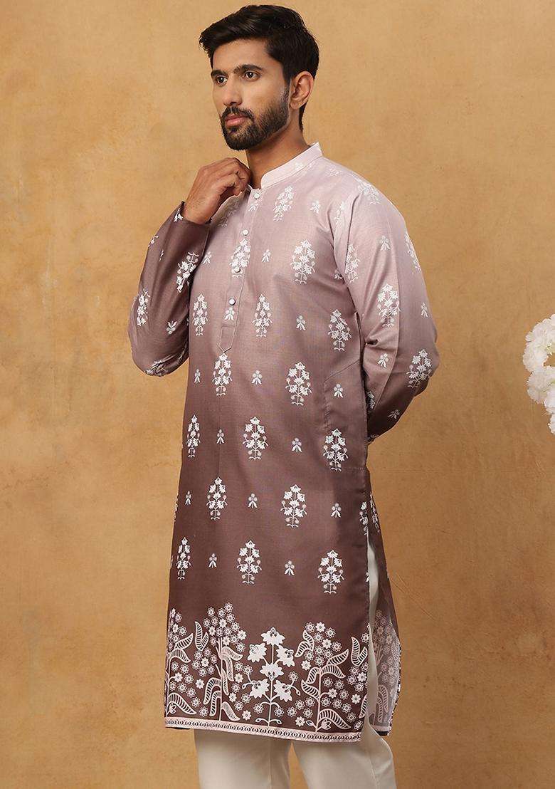 Grey Floral Print Cotton Kurta For Men - Indya