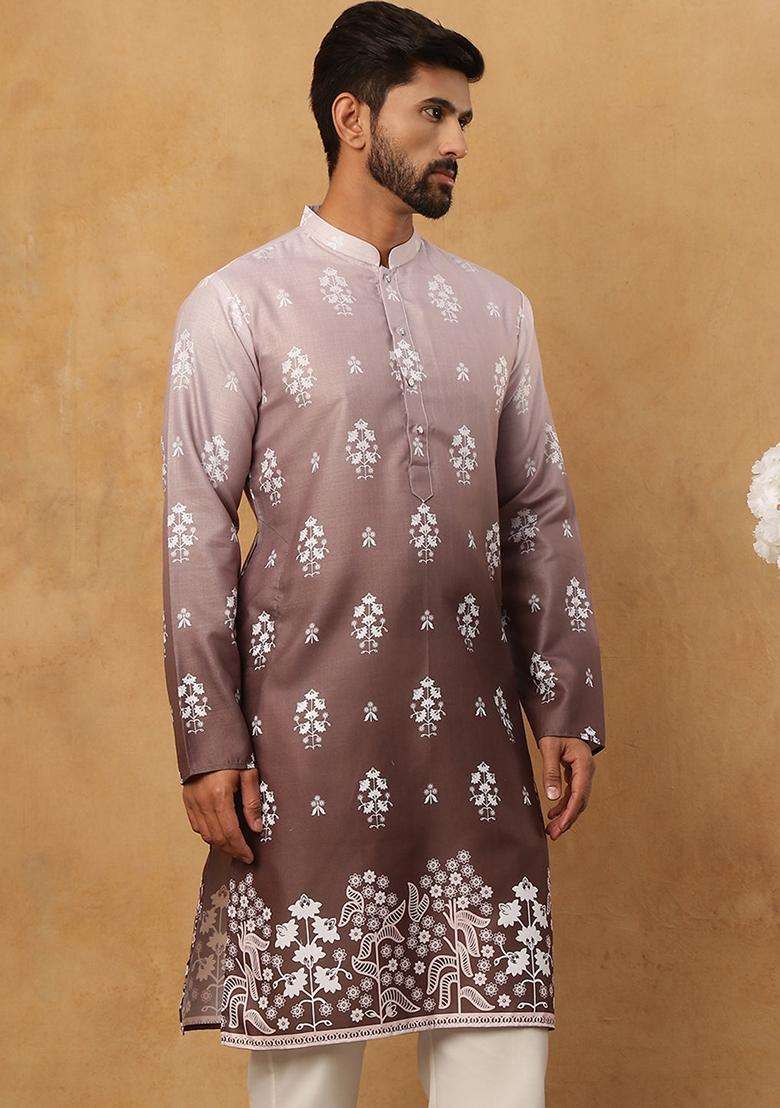 Grey Floral Print Cotton Kurta For Men - Indya