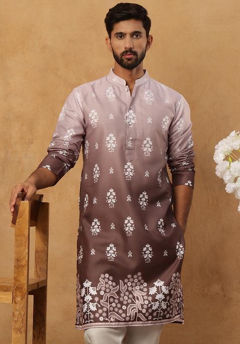 Grey Floral Print Cotton Kurta For Men