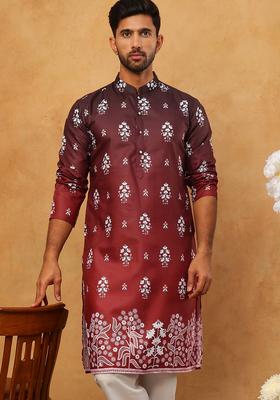 Maroon Floral Print Cotton Kurta For Men