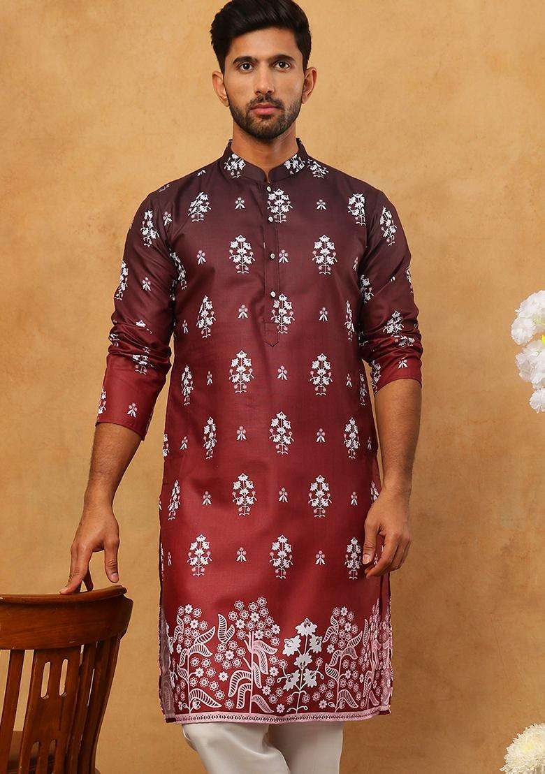 Maroon Floral Print Cotton Kurta For Men - Indya