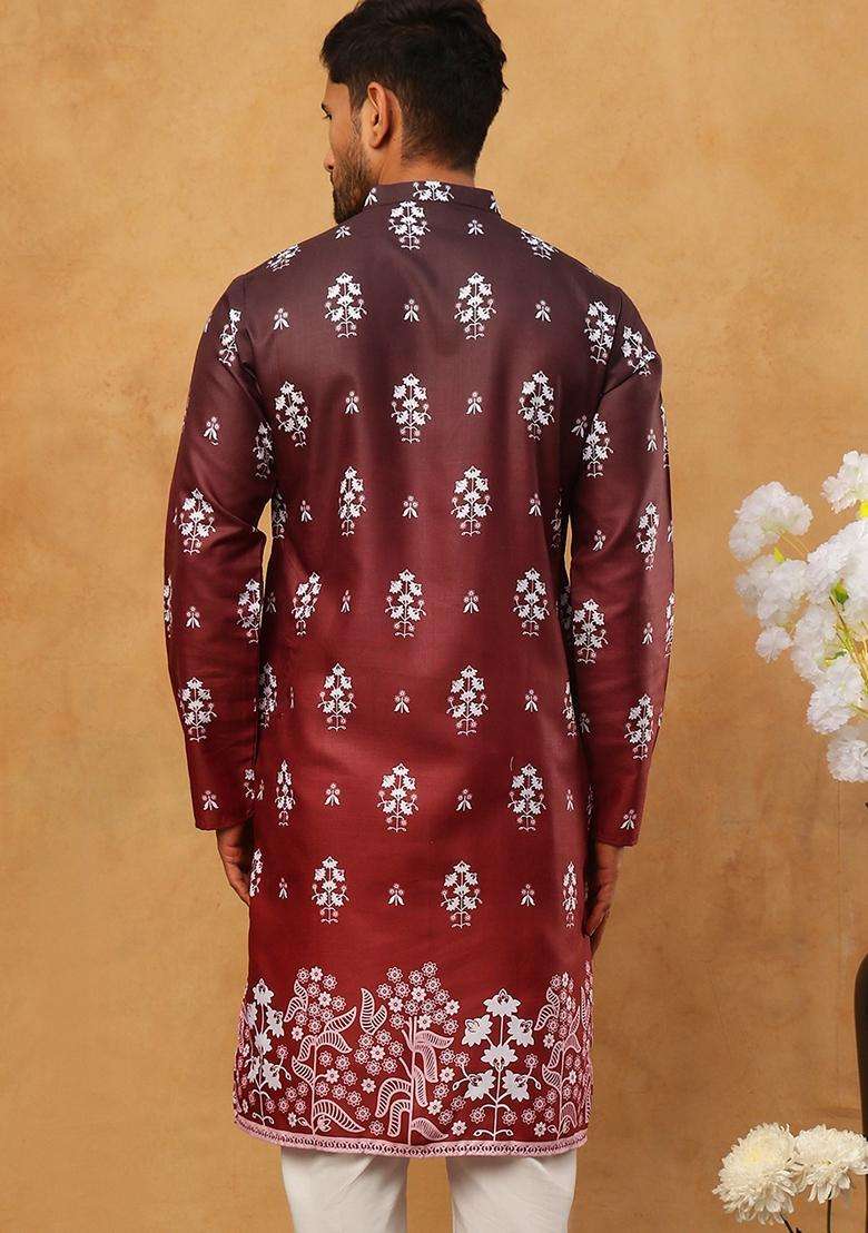Maroon Floral Print Cotton Kurta For Men - Indya