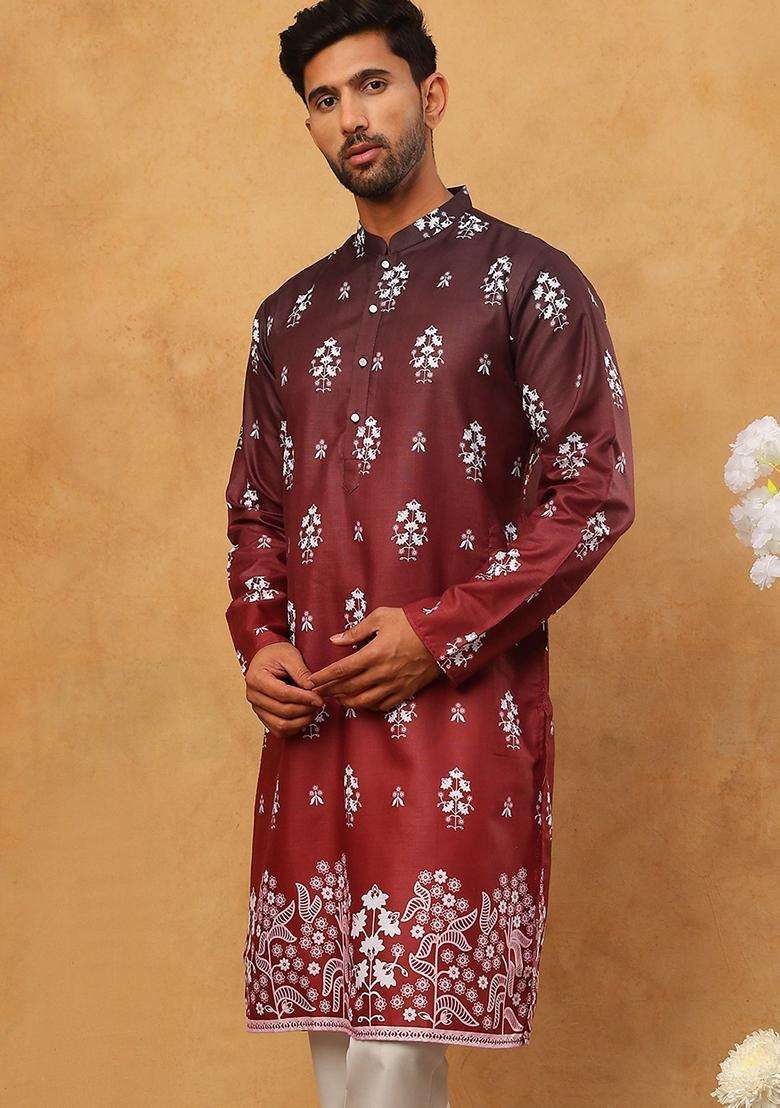 Maroon Floral Print Cotton Kurta For Men - Indya