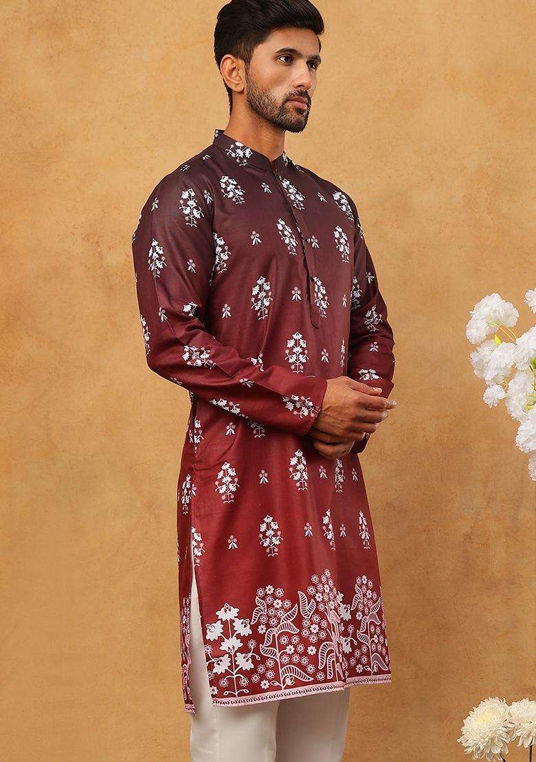 Maroon Floral Print Cotton Kurta For Men - Indya