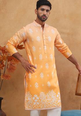 Orange Floral Print Cotton Kurta For Men