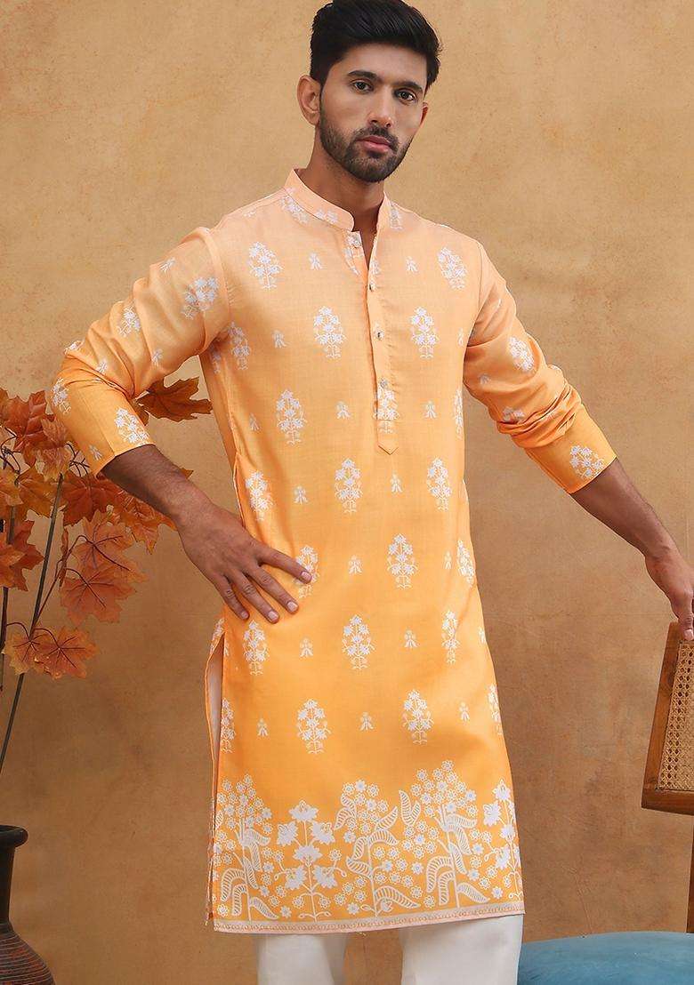 Orange Floral Print Cotton Kurta For Men - Indya