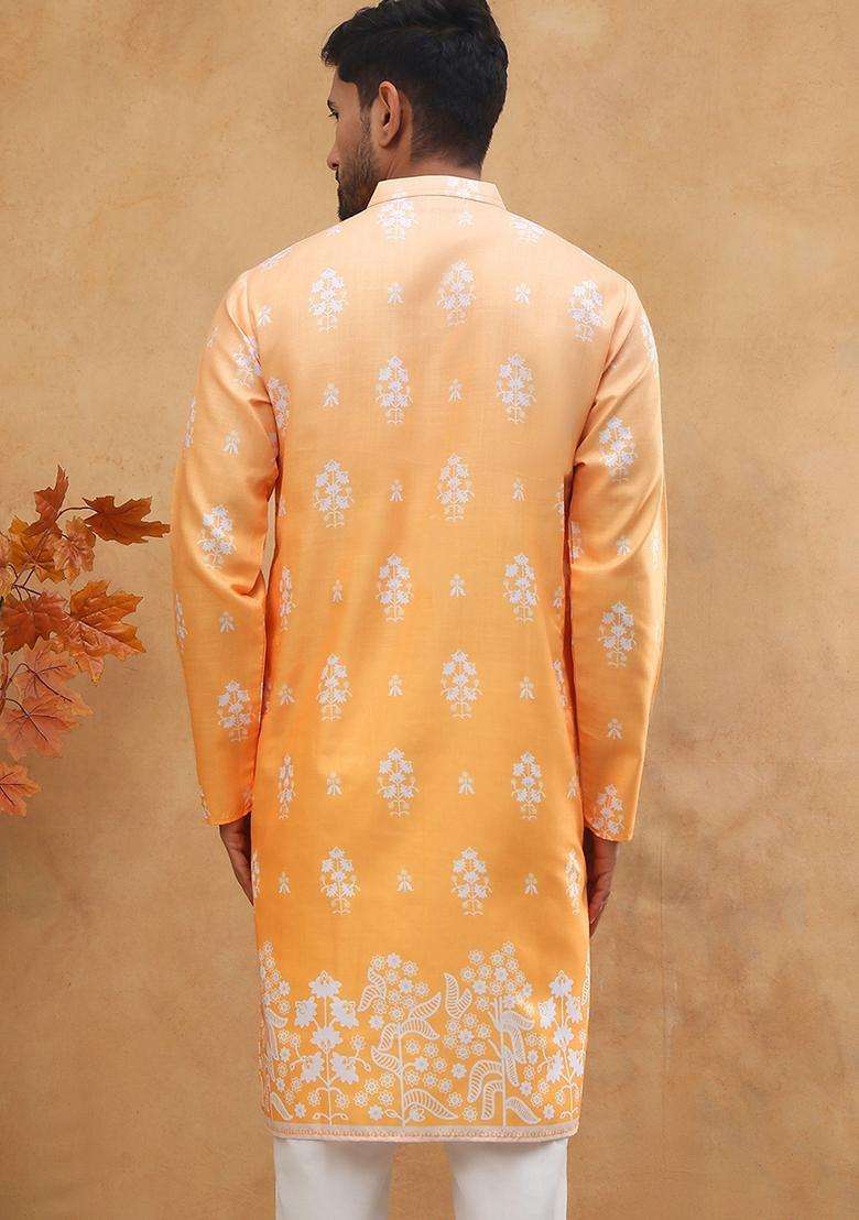 Orange Floral Print Cotton Kurta For Men - Indya