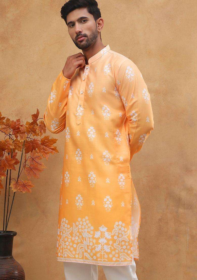 Orange Floral Print Cotton Kurta For Men - Indya