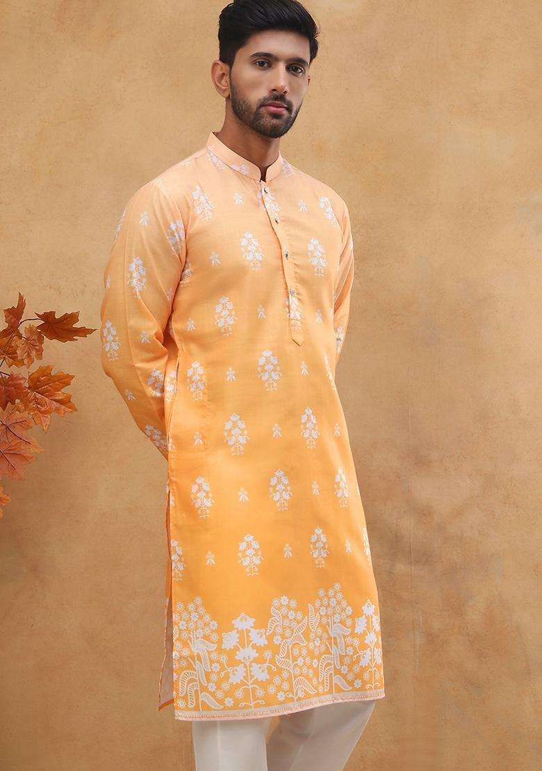 Orange Floral Print Cotton Kurta For Men - Indya