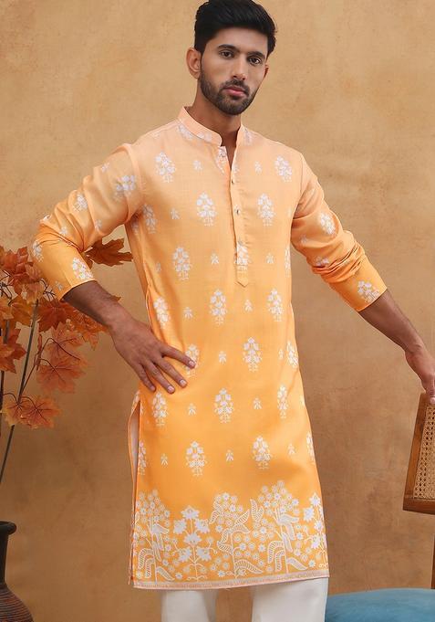 Orange Floral Print Cotton Kurta For Men